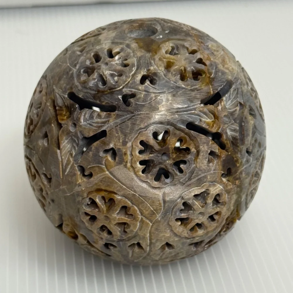Hand Carved Soap Stone Tea light/Incense holder Orb/Sphere‎ with Base Tribal